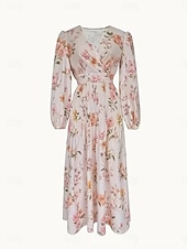 economico Abiti eleganti floreali-Per donna Abito Midi Vestito in Chiffon Abito Floreale Abito Stampato Elegante Moderno All'aperto Vacanza Uscire Vestibilità regolare Floreale Manica Lunga Scollo a V Rosa Estate Primavera
