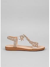 billige Flate sandaler-Damesandaler med blomstermønster og strass – komfortable, avslappede sommersko med t-stropp for hverdagsbruk og romantiske dater på dagtid