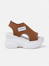 voordelige Sport Sandalen-Damessandalen met sleehak in bruin gebreid materiaal, ademende gebreide sportsandalen, veelzijdige casual schoenen voor vakantie en wandelen. &amp;zomerse dag
