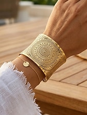 ieftine Bratara de dama-Brățară tip manșetă boemă din aliaj pentru femei, cu model deschis, din aur și argint, pentru vacanță la plajă, ținută casual zilnică, stil resort și bijuterii de vară.