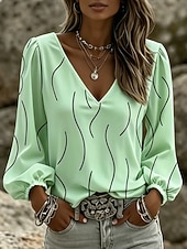abordables Blusas a rayas y geométricas-Mujer Camisa Estampado Graphic Geométrico Bohemia Vacaciones Vintage Manga Larga Manga de la linterna Escote en Pico Tops regulares Casual Diario Festivos Azul Piscina Blanco Amarillo Rosa Verde