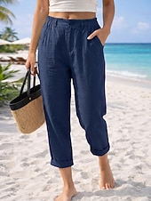 ieftine Pantalonii-Pentru femei Pantaloni cu aspect de in Pantaloni casual Vacanță De Bază Lungime până la glezne Talie Înaltă Comfortabil Inelastic Vacanță Oficial Stradă Albastru piscină Gri Închis Caisă Negru Var