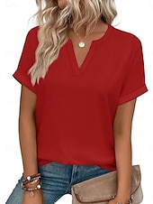 abordables T-shirt uni-Femmes T-shirt Uni Mode Élégant Classique Manche Courte Col en V Hauts Réguliers Quotidien Sortir Week-end Bleu Noir Blanche Rose Claire Rouge Été Printemps