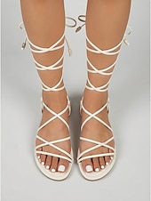 economico Sandali Piani-Women's White Strappy Flat Sandals, Comfortable Vacation &amp; Resort Evening Shoes
