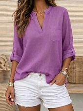 olcso Luxus ingek-Női Pamut vászon ingek Nyári felsők Blúz Öltözetes felsők Fodrozott Kollázs Zseb Tömör szín Sima Elegáns Szüret hölgyek Háromnegyedes V-alakú Állógallér Hosszú felsők Hétköznapi Napi Munka Medence