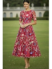 billige Ankellengde-A-linje Kjoler Te-lengde Cocktail Kjole Gjestekjole til bryllup Kjole til brudens mor Halvlange ermer Crew-hals Elegant Fritid Formell Bryllupsgjest Kentucky Derby Chiffon Tyll med Blomstertrykk