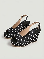 cheap Wedge Sandals-Women's Retro Polka Dot Wedge Sandals - Elegant White &amp; Black Peep Toe Platform Heels with Slingback for Luxury Cruise Vacations, Deck Parties &amp; Summer Resort Wear