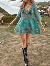 Χαμηλού Κόστους Φορέματα παραλίας-Γυναικεία Μαγιό Που καλύπτει Μαγιό-φόρεμα Μαγιό Δαντέλα Διακοπές Ρούχα παραλίας Συμπαγές Χρώμα Λαιμόκοψη V Μακρυμάνικο Μαγιό