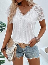 tanie gładka koszulka-Damskie Bluzka z teksturą Oczko na górze Koszulka Pointelle Podkoszulek Oczko Jednokolorowe Moda Klasyczny Codzienny Krótki rękaw W serek Zwykłe topy Codzienny Plaża Wyjściowe Biały Lato Wiosna