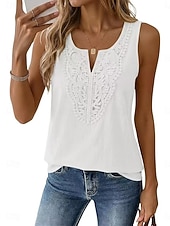 cheap Lace Tops-Women's Blouse Patchwork Plain Vintage Stylish Sleeveless V Neck Regular Tops Daily Outdoor Holiday Black White Navy Blue Apricot Rose Pink Summer Spring