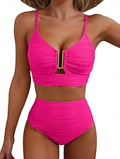 preiswerte Bikini-Sets-Damen Badeanzug Bikini Zweiteilig Hohe Taillenlinie Bademode Gerafft Rückenfrei Urlaub Strandbekleidung Einfach V Ausschnitt Ärmellos Badeanzüge