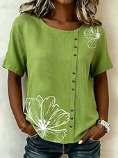 cheap Floral Blouses-Women's Blouse Buttons Print Floral Graphic Vintage Tropical Stylish Short Sleeve Crew Neck Regular Tops Casual Holiday Blue Pink Purple Green Summer Spring
