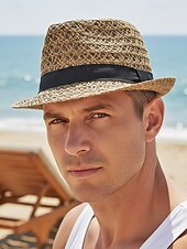 abordables Chapeaux pour hommes-Chapeau fedora bohème en paille respirante pour homme, chapeau de plage tressé pour l'été, idéal pour les vacances, les voyages, les tenues décontractées et le quotidien.