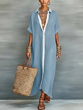 economico Vestiti-abito lungo da donna in cotone e lino, camicia, abito a tubino, abito estivo, casual, vestibilità ampia, tinta unita, manica a 3/4, risvolto, nero, rosa, azzurro, verde, estate, primavera
