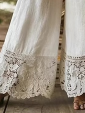 お買い得  パンツ-女性用 ワイドレッグ チノパン サマーパンツ 旅行度假风 ファッション ストリートファッション 全長 ハイウエスト 平織り レース ポケット 弾性ウエストバンド 快適 履き心地よい ソフト 伸縮性あり アウトドア バケーション ストリート ベージュ 夏 春 秋 ルーズフィット