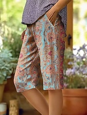 Χαμηλού Κόστους Σορτς βερμούδα-Γυναικεία Σορτς των Βερμούδων Βαμβακερό λινό σορτς Διακοπές Βίντατζ παραθαλάσσιο στιλ της γιαγιάς Μήκος γόνατος Μεσαία Μέση Φλοράλ Γραφική Στάμπα Άνεση Ανελαστικό Καθημερινά ΕΞΩΤΕΡΙΚΟΥ ΧΩΡΟΥ Δρόμος