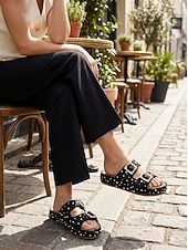 economico Infradito scivolosi-sandali da donna con fibbia in paillettes verdi, eleganti sandali casual con plateau slip-on per feste in giardino, viaggi &amp;abbigliamento estivo quotidiano