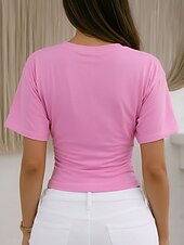 cheap Plain tee-Women's T Shirt Tee Top Ruched Solid Color Graphic Plain Fashion Stylish Classic Short Sleeve Crew Neck Round Neck Crop Tops Casual Daily Going out Black White Pink Gray Light Blue Summer Spring