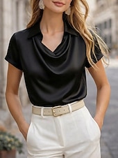 economico Bluse Semplici-Per donna Camicia Top in raso Blusa Top Eleganti Semplice Elegante Manica Corta Scollo a Cascata Colletto a Camicia Top Regolari Quotidiano Ferie Uscire Nero Bianco Champagne Giallo Vino Estate