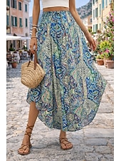 Χαμηλού Κόστους Διακοπές Φούστες-Γυναικεία Φούστα διακοπών Κομψό Βοημία Μοντέρνα Καθημερινό Μίντι Κανονική Μέση Φούστες Γραφική Λαχούρι Κορδόνι Ελαστική μέση Ακανόνιστος γιακάς Ανελαστικό Καθημερινά Διακοπές