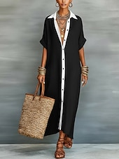 economico Vestiti-abito lungo da donna in cotone e lino, camicia, abito a tubino, abito estivo, casual, vestibilità ampia, tinta unita, manica a 3/4, risvolto, nero, rosa, azzurro, verde, estate, primavera