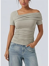 baratos Camiseta lisa-tops femininos de manga curta e um ombro só (estilo 2)