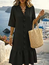 economico Vestiti-Per donna Abito al ginocchio Abiti di lino Abito in lino Essenziale Spiaggia Vacanza Vestibilità comoda Colore Puro Mezza Manica Scollo a V Nero Bianco Verde Estate