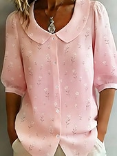 abordables Blusas Florales-Mujer Camisa Camisa con botones Blusa Botones Floral Elegante Clásico Moderno Manga Larga Cuello Camisero Tops regulares Diario Festivos Noche Blanco Rosa Verde Trébol Rosa Brillante Verano Primavera
