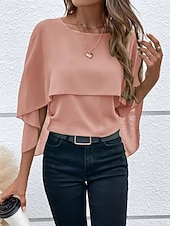baratos Blusas Simples-Mulheres Blusa Franzido Côr Sólida à moda Básico Casual Manga 3/4 Gola Redonda Tops regulares Diário Azul Preto Rosa Vermelho Camelo Verão Primavera Outono