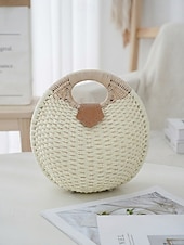 economico Borsette e borse tote-Borsa tote rotonda da donna in paglia, disponibile in diversi colori, ideale per vacanze al mare, viaggi in resort, outfit estivi casual e per un look boho di tutti i giorni.