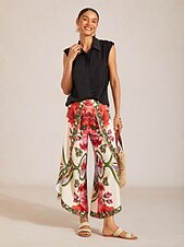cheap Women's Pants-Hawaii Palm Silky Satin Floral Pants
