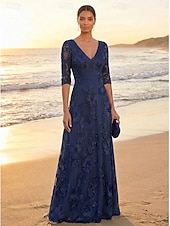 preiswerte Bodenlänge-A-Linie Kleid Bodenlang Partykleid Cocktailkleid Brautmutterkleid Halbarm V Ausschnitt Elegant Vintage luxuriös Formell Hochzeitsgast Kentucky Derby Spitze Tüll mit Stickerei Blume