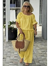 preiswerte Blusenanzüge für Damen-Damen Hosen-Sets Kunstbaumwollleinen Kurzarm Rundhalsausschnitt Einfarbig Mode Streetwear Lässig Täglich Outdoor Blau Schwarz Weiß Frühling &amp; Sommer Lässiger Schnitt