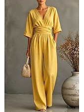 preiswerte Urlaubsoverall-Damen Overall Elegant Einfarbig Halbarm Weites Bein V Ausschnitt Patchwork Tasche Täglich Urlaub Normale Passform Schwarz Weiß Gelb Sommer
