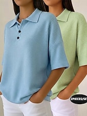 tanie Gładkie bluzki-Damskie Koszula waflowa Jednokolorowe Elegancja Aktywny Urlop Bez rękawów Rękaw 1/2 W serek Kołnierz polo Długie topy Codzienny Na zewnątrz Streetwear Niebieski / Czarny Biały + czarny Czerwony