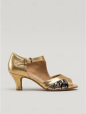 preiswerte 1920er Jahre &amp; Gatsby-Ära-Goldene Damen-Lateintanzschuhe, offene Zehenpartie, Knöchelriemen, niedriger Absatz, Übungsschuhe für Salsa, Tango und Standardtänze &amp; Ausbildung