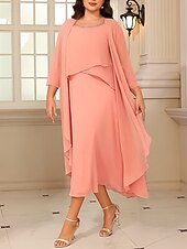 cheap Mom's Dress Sets-Two Piece A-Line Tea Length Wedding Guest Dress Mother of the Bride Dress 3/4 Length Sleeve Jewel Neck Elegant Vintage Wedding Party Chiffon with Beading