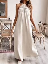 cheap Plain Dress-Women's Maxi Faux Cotton Linen Dress Shift Dress Summer Dress Casual Daily Loose Fit Plain Sleeveless Halter Neck Black White Yellow Purple Summer Spring