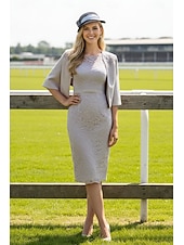 billige Mammas kjolesett-Todelt Linjeform Te-lengde Gjestekjole til bryllup Kjole til brudens mor 3/4 ermer Crew-hals Elegant Bryllupsgjest Forlovelsesfest Blonder med Blonder Perlearbeid