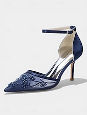 baratos Convidado do casamento-Sapatos de salto agulha bordados em azul marinho para mulheres – elegantes sapatos de festa com tira no tornozelo.