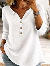 abordables Blusas Sencillas-Mujer Blusa Encaje Botones Color sólido Elegante Casual Manga 3/4 Escote en Pico Tops regulares Diario Azul Piscina Negro Blanco Rosa Naranja Primavera Otoño