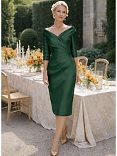 رخيصةأون طول الشاي-عامودي طول الساق فستان الحفلة فستان كوكتيل فستان زفاف ضيف فستان أم العروس نصف كم V رقبة أنيق عتيق فاخر رسمي ضيف حفل زفاف ساتان فساتين الجاكيتات مع طيات