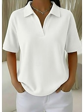 olcso Egyszerű póló-Női 100% pamut oversized bordázott kötött felsők póló Tee ejtett vállú stílusos alkalmi rövid ujjú V nyakú inggallér normál felsők napi szórakozás nyaralás viselet kék fehér narancs zöld világoskék