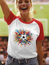  Fußball-T-Shirt für Damen mit Farbblockdruck, abstraktem, stylischem, lässigem Kurzarm-Rundhalsausschnitt, regulärem Oberteil, lässigem Alltags-Look, blau, schwarz, rot, grün, Sommer, Frühling