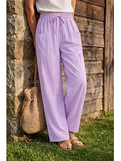 Недорогие Роскошные брюки-Жен. Широкие Льняные брюки Штаны Чино Отпуск Мода Классический Полная длина Нормальная Полотняное плетение Кулиска Плиссировка Карман Комфорт Легкость Дышащий Неэластичная