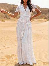 levne Bílé krajkové šaty-Dámské Maxi šaty Boho šaty Krajkové šaty Bílé šaty Letní šaty Elegantní Módní Plážové Dovolená Běžný Bez vzoru Krátký rukáv Do V Bílá Léto Jaro