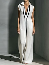 Недорогие Простое платье-Жен. Длинное платье Длинное платье Элегантный стиль Современное на открытом воздухе Отпуск На выход Свободное облегание Контрастных цветов Без рукавов Рубашечный воротник Черный Белый Винный Серый