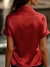 voordelige Effen t-shirt-Dames Satijnen overhemd Blouse Effen Kleur Elegant Stijlvol Basic Korte mouw Overhemdkraag Normale tops Casual Dagelijks Kantoor blauw Zwart Rood Abrikoos Zomer Lente
