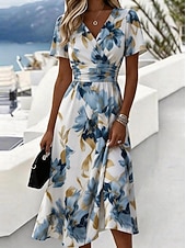 Χαμηλού Κόστους Casual Floral Φορέματα-Γυναικεία Μίντι φόρεμα Φόρεμα ριχτό Διακοπές Καθημερινό Μπόχο Καθημερινά Καλοκαιρινό φόρεμα Ανοιξιάτικο φόρεμα Κανονικό Φλοράλ Γραφική Κοντομάνικο Στρογγυλή Ψηλή Λαιμόκοψη Λαιμόκοψη V