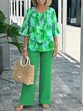  Per donna Set di Pantaloni Manica 3/4 Girocollo Floreale Grafico Elegante Vacanza Casuale Quotidiano Vacanza Rosso Blu Reale Viola Estate Vestibilità regolare